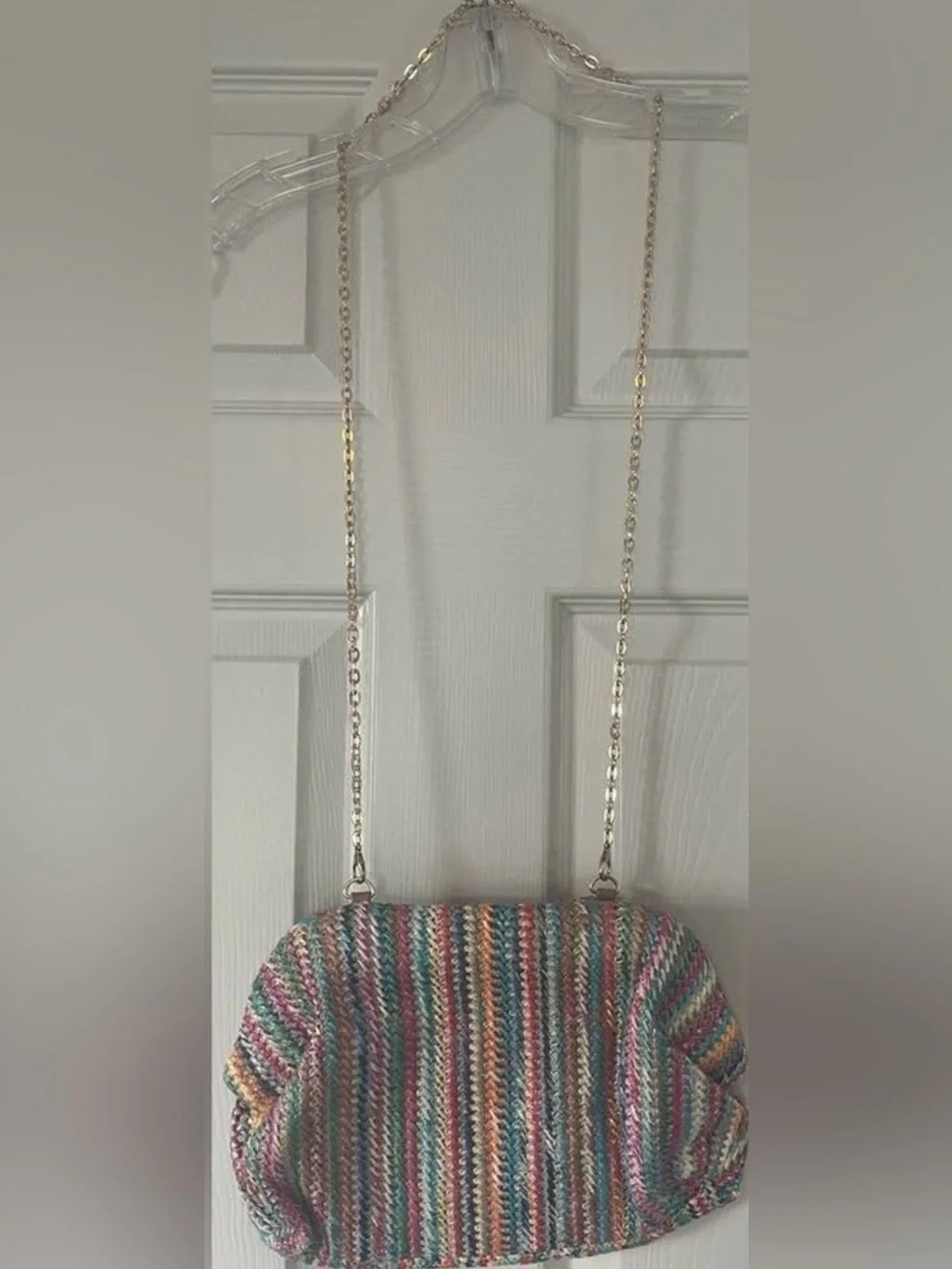 Striped Multicolor Knit Shoulder Bag with Chain Strap